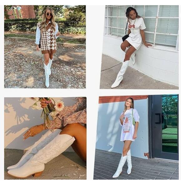 White Cowgirl Boots Embroidered Pull-On Chunky Stacked Heel Knee High SIZE 7 - Picture 6 of 6